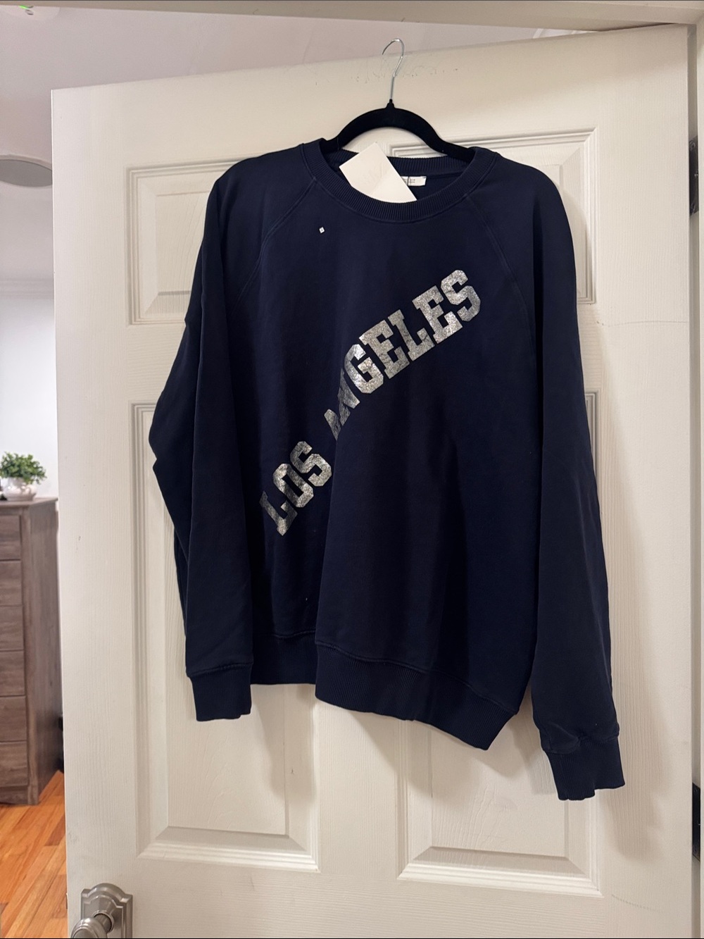 Zara Navy Crewneck Sweatshirt with Silver 'Los Angeles' Graphic